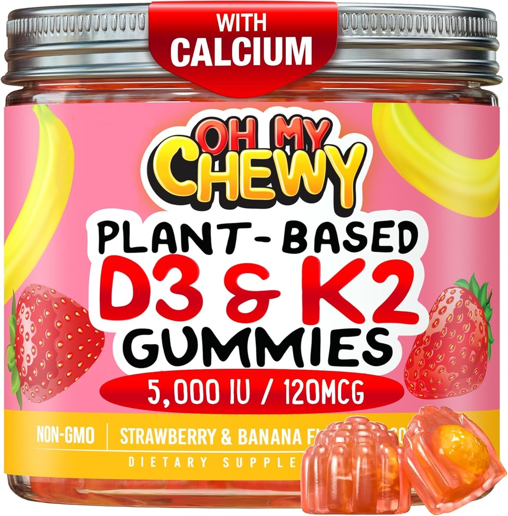 Center- fyldt D3 K2 Gummies - Børn, Teens & Voksne - Supplement for sunde tænder, Knogler, Energi & Immunitet - 5000 IE D3, 120 mcg K2 (MK- 7), 120 mg Calcium - Vegan & non- GMO - 120 Tæl
