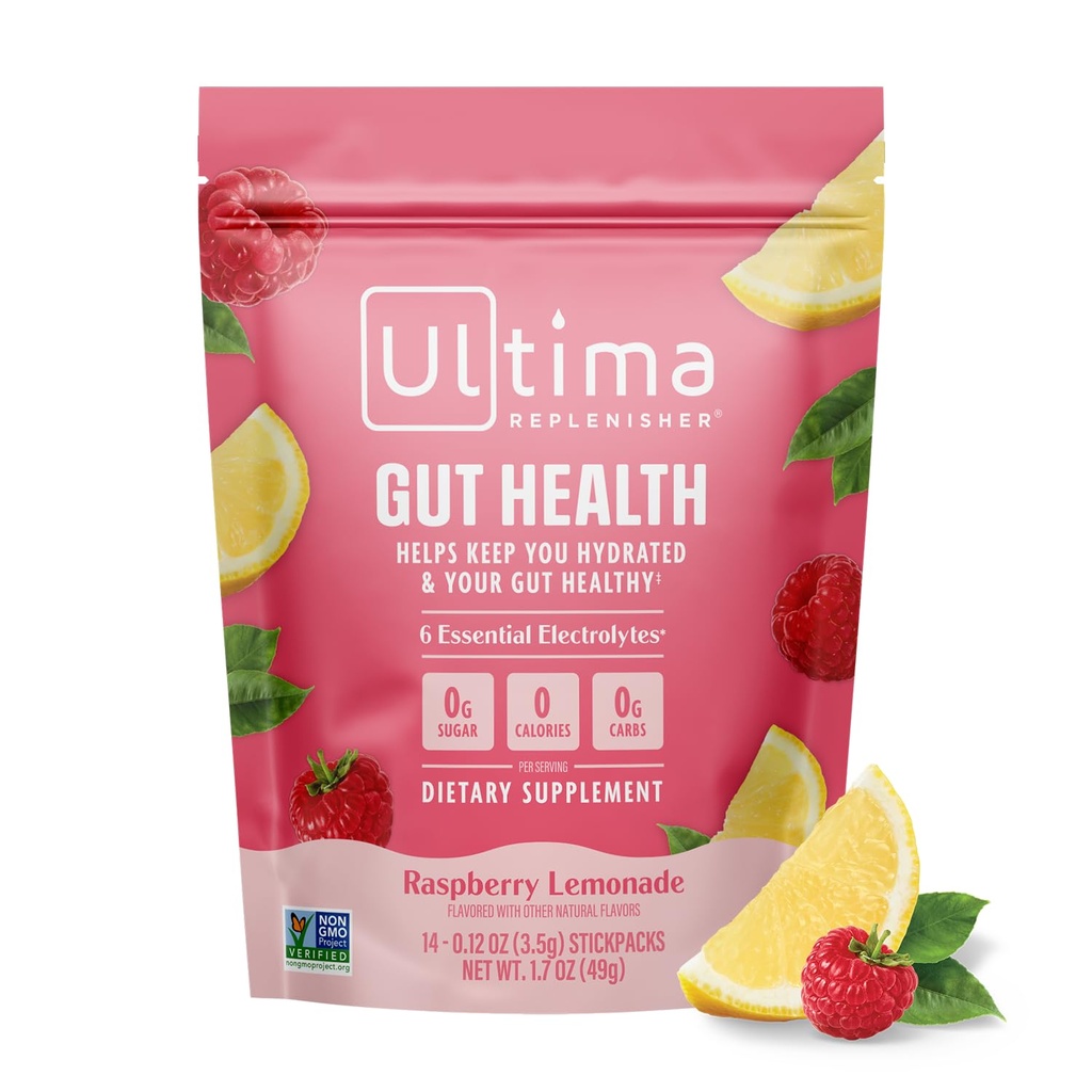 Ultima Replenisher Gut Health Supplement og Electrolytes Powder - Raspberry Lemonade, 14 Stickpacks - Hydration Pakninger med tilføjet Gut sundhedsmæssige fordele
