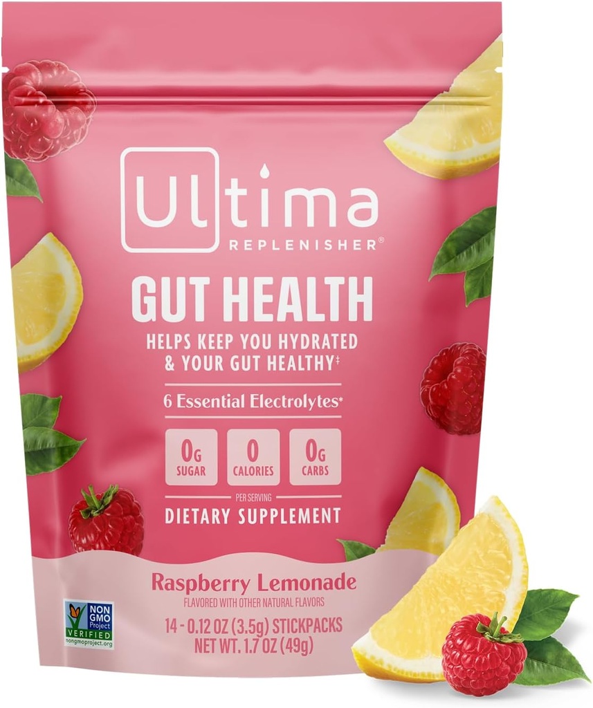 Ultima Replenisher Gut Health Supplement og Electrolytes Powder - Raspberry Lemonade, 14 Stickpacks - Hydration Pakninger med tilføjet Gut sundhedsmæssige fordele