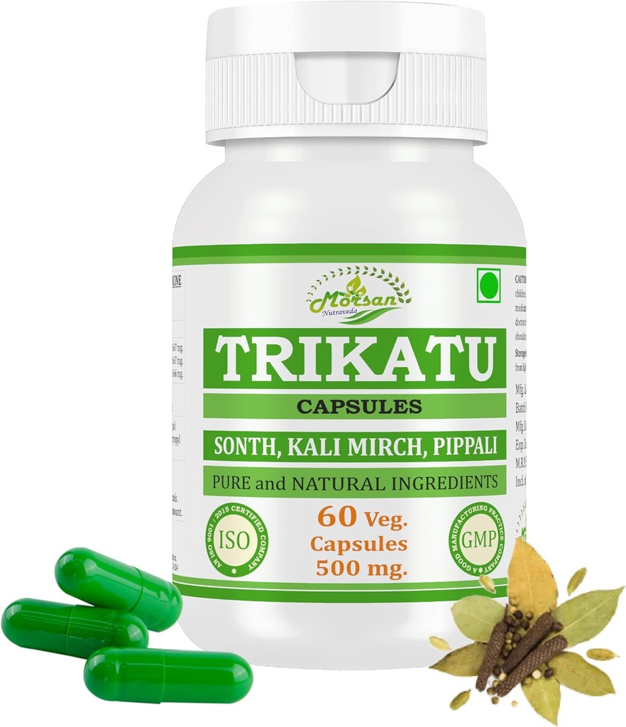 Naturlige og Pure Herbal Trikatu (Pippali, Kali Mirch, Sonth) Uddrag Kapsler 124; Højeste Potency, 100% Herbal Produkt Buddy 124; Pakning med 60 X 500 mg. Veg. Kapsler (Pakning med 1 Jar)
