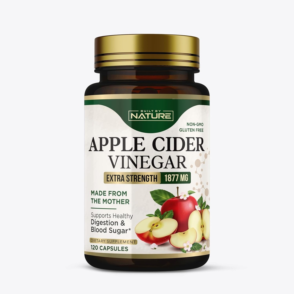 Bygget af Nature Apple Cider eddike kapsler 1877mg med D-vitamin og zink - immunforsvar og fordøjelsesstøtte - Eddikesyre ACV supplement til mænd og kvinder - 120 piller
