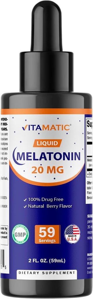 Vitamatisk melatonin 20 mg flydende dråber - 2 Væske Ounce (59ml) - Natural Berry Flavor - for voksne - Non- GMO - Vegetarisk supplement