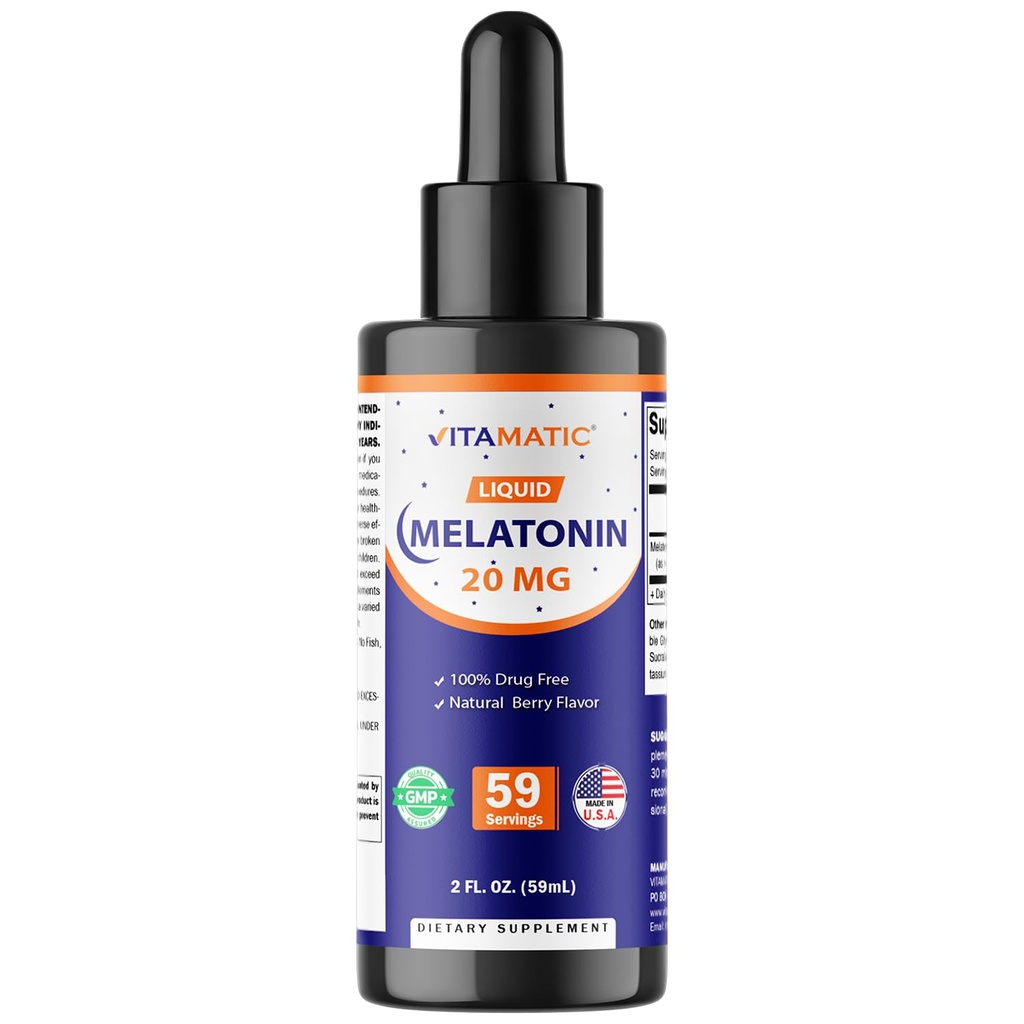 Vitamatisk melatonin 20 mg flydende dråber - 2 Væske Ounce (59ml) - Natural Berry Flavor - for voksne - Non- GMO - Vegetarisk supplement