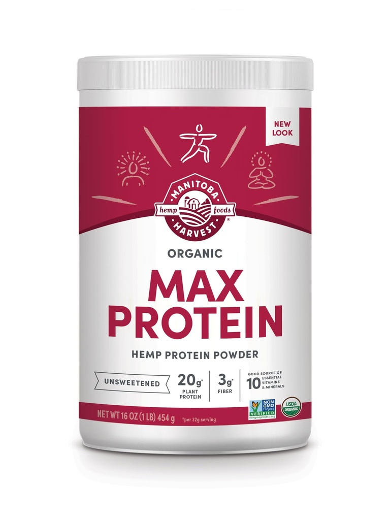 Manitoba Høst Hamp Ja Økologisk Max Protein Powder, Usødet, 16oz, med 20g Protein og 4,5g Omegas 3 & 6 per Servering, Keto- Friendly, Konserveringsfri, Non- GMO, Packaging May Vary