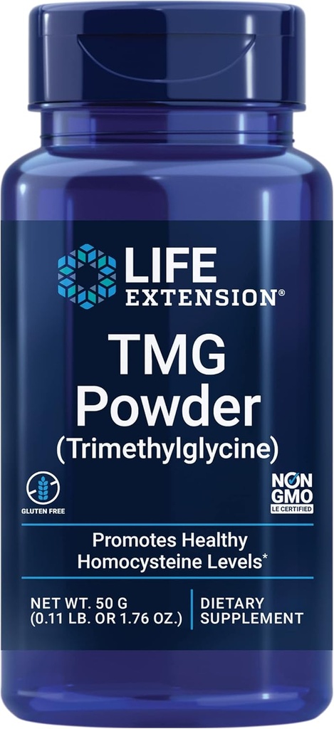Life Extension TMG Powder - Trimethylglycin - Hjælper med at vedligeholde normale homocysteinniveauer, Heart Health - Gluten- Free, Non- GMO, Vegetar - Net Wt. 50 g (0,11 lb. eller 1,76 oz.)