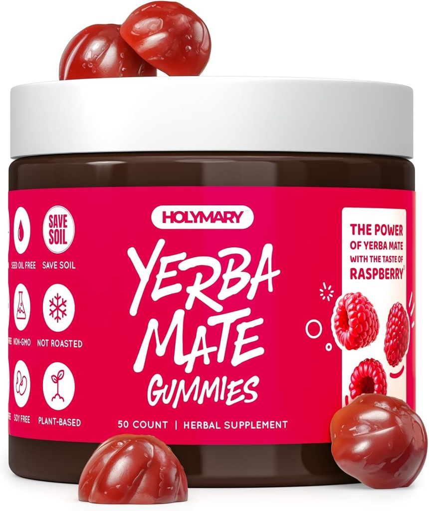 HOLYMARY Yerba Mate Gummies, Raspberry Flavor - Energi, Fokus, Power Vegan, Non- GMO, naturlige ingredienser, Gluten Free, 50 lækre supplement Gummies