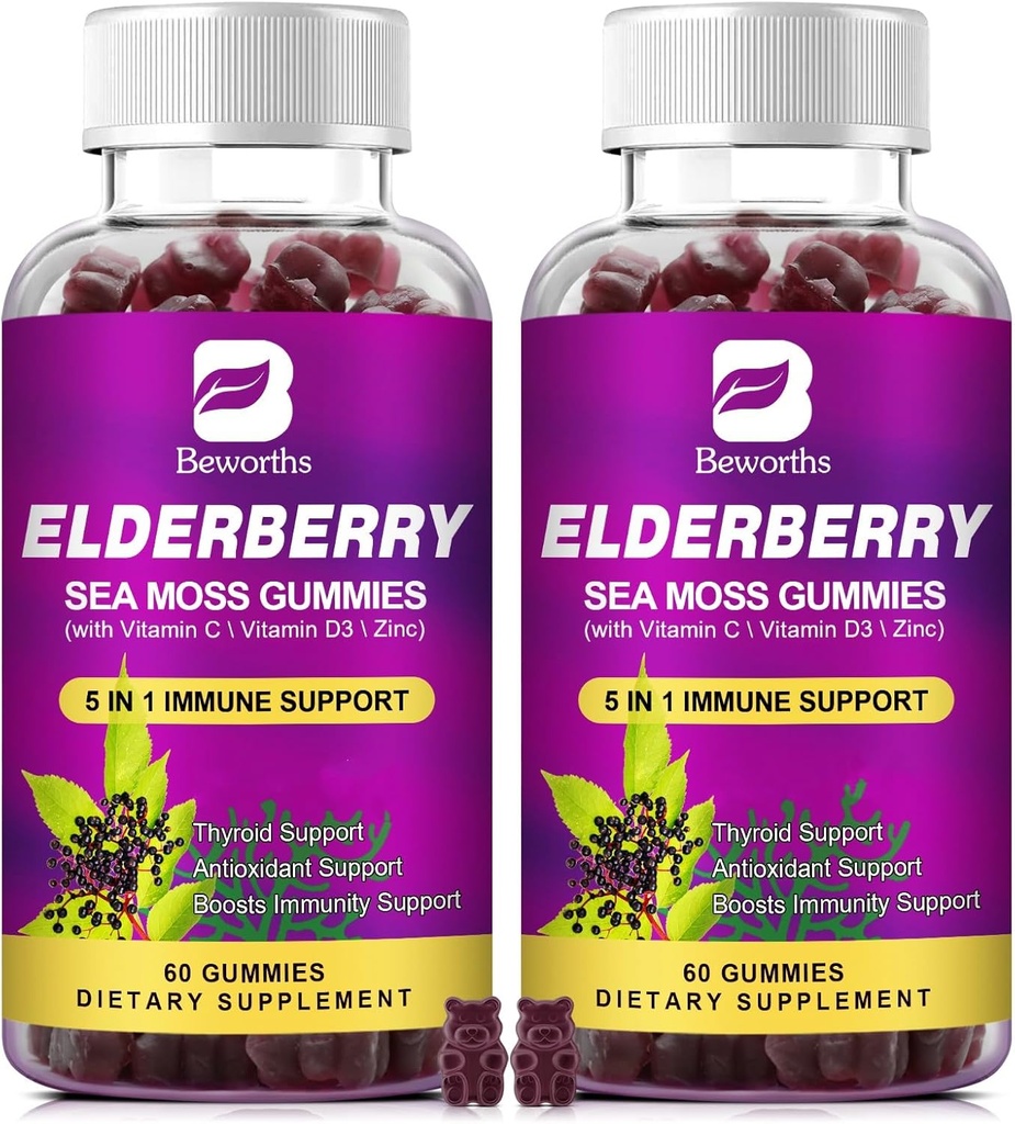 (2 Pack Elderberry Gummies & Irish Sea Moss, Organic Sambucus Elderberry Gummy med Seamoss, Zink, C-vitamin, D3, Multivitamin Elderberry Vitamin - sukkerfri