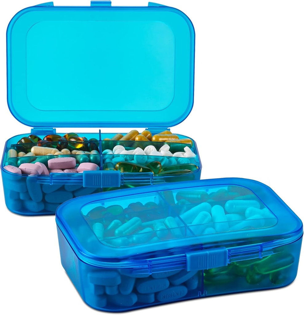 Pill Organizer Case - (Pack of 2) Portable 6 Segment Daily Travel Medicine Reminder Box for Your Pills, Medicin, Supplements, Vitamin og fiskeolie, Blå