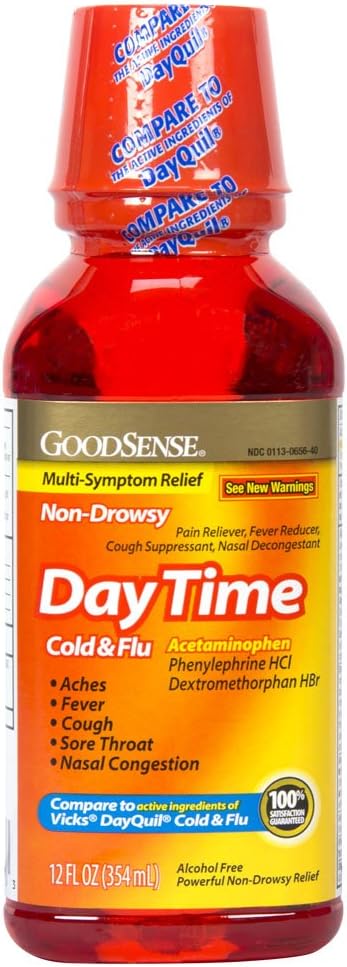 GoodSense Daytime Cold & Flu Multi- Symptom Relief, Non- Drowsy, Effektiv Relief for Feber, Sore Throat, Hough, Nasal Congestion, 12 Fl Oz