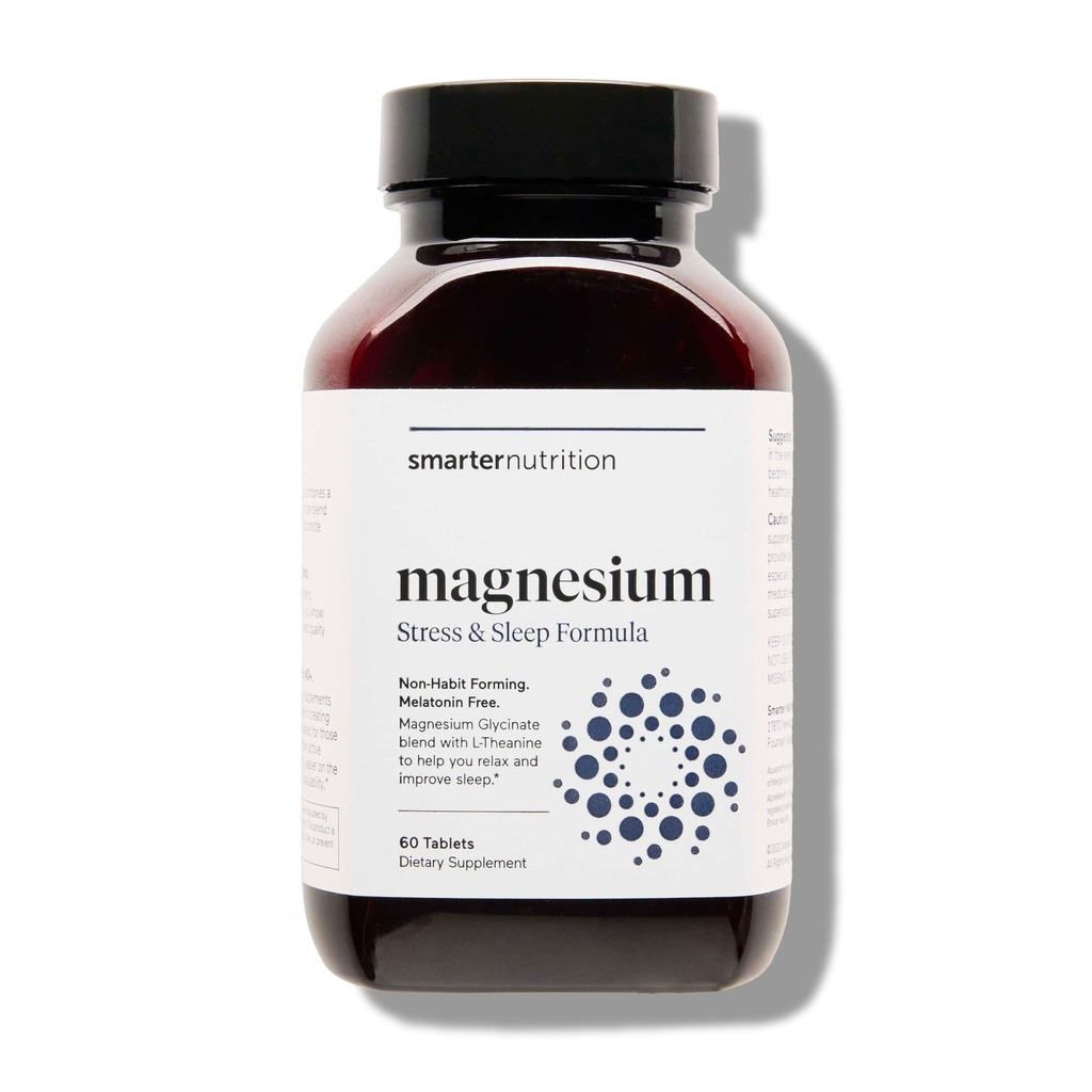 Smarter Nutrition Magnesium Complex - Chelated Magnesium Glycinate with Citrate, Malate and L-Theanine for Sleep, Muscle Relaxation and Stress Support - Non-GMO - 60 Tablets[30DaySupply]