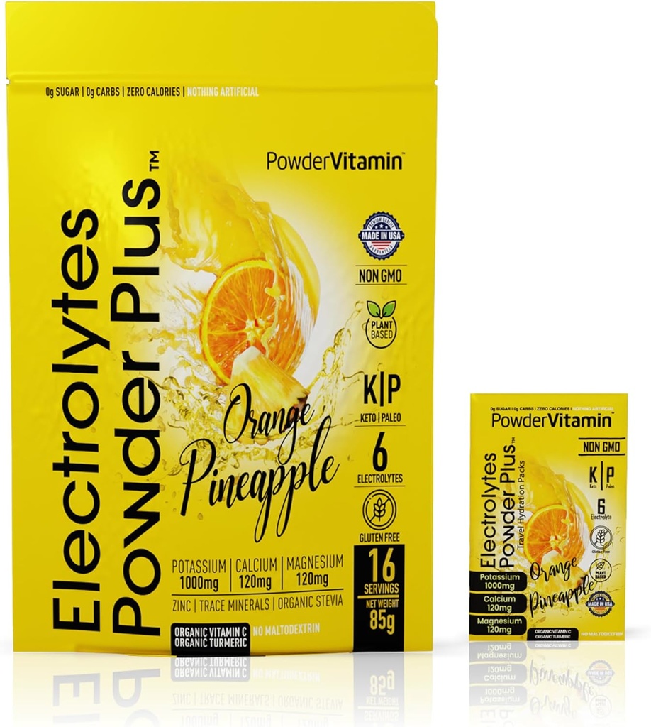 PowderVitamin Electrolytes Powder Plus, Keto, Orange Ananas, Sugar Free, Pink Himalayan Salt, 1000mg Kalium, 120mg Calcium, 120mg Magnesium, Non- GMO, Zero Calories, (16 Hydrationspakker)