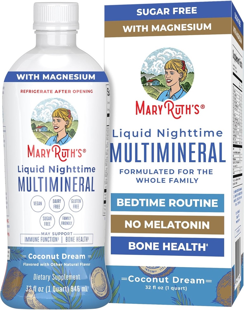 MaryRuth Organics Flydende Nighttime Multimineral Measures 124; No Melatonin Measurement 124; Bedtime Routine Routine Measurement 124; Magnesium Citrate Measurement 124; Calcium Measurement 124; Zink Measurement 124; Vitamin D3 Measurement 124; Fås i 4 Flavors - Vegan Measugar Free Measurement 124; Gluten Free Measureme 124; 32 Oz