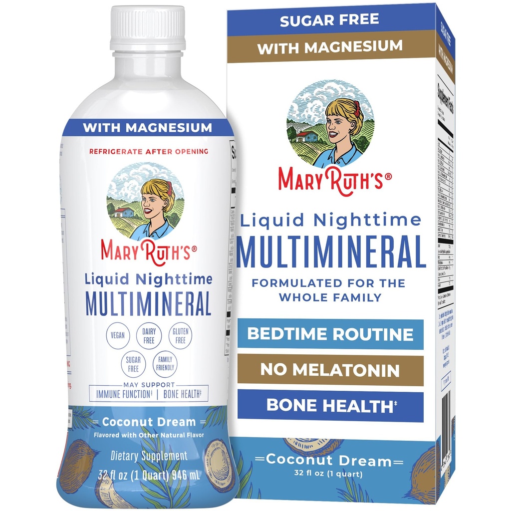 MaryRuth Organics Flydende Nighttime Multimineral Measures 124; No Melatonin Measurement 124; Bedtime Routine Routine Measurement 124; Magnesium Citrate Measurement 124; Calcium Measurement 124; Zink Measurement 124; Vitamin D3 Measurement 124; Fås i 4 Flavors - Vegan Measugar Free Measurement 124; Gluten Free Measureme 124; 32 Oz
