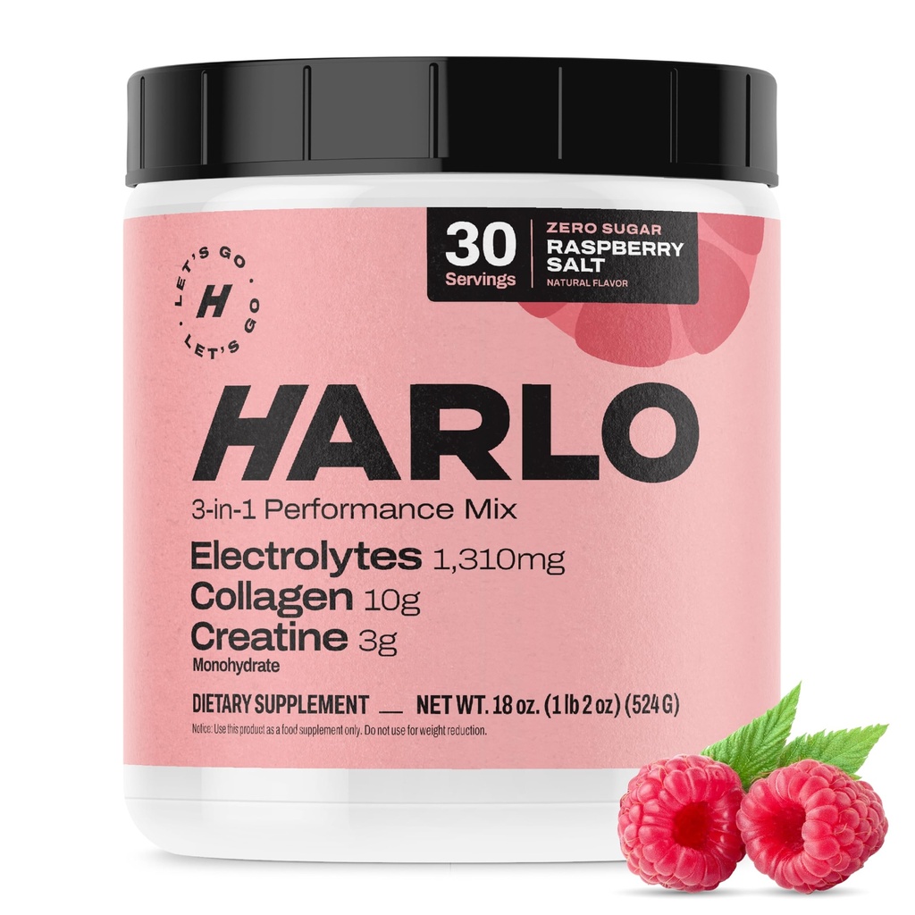 Harlo - Raspberry Salt Electrolyte Drink Mix med Bovine Collagen & Creatine-Creatin Monohydrat Powder - Energy Drink Powder - Pre Workout Powder - Sugar Free Energy Drinks - Post Workout Recovery