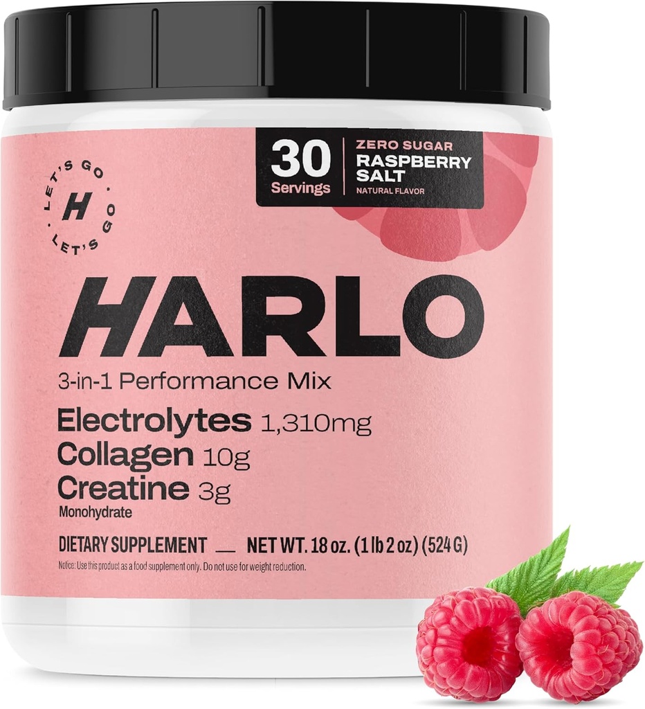 Harlo - Raspberry Salt Electrolyte Drink Mix med Bovine Collagen & Creatine-Creatin Monohydrat Powder - Energy Drink Powder - Pre Workout Powder - Sugar Free Energy Drinks - Post Workout Recovery