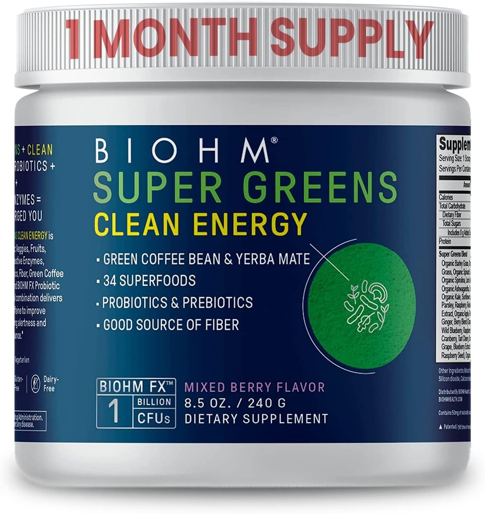 BIOHM Super Green Clean Energy, Green Superfood Powder (8.5 Oz, 30 Servere) Understøtter Gut Sundhed & Kognition, 34 Naturlige Frugt, Vegetabilske & Herbal Udtrækker med Prebiotika, Probiotika & enzymer