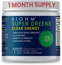 BIOHM Super Green Clean Energy, Green Superfood Powder (8.5 Oz, 30 Servere) Understøtter Gut Sundhed & Kognition, 34 Naturlige Frugt, Vegetabilske & Herbal Udtrækker med Prebiotika, Probiotika & enzymer