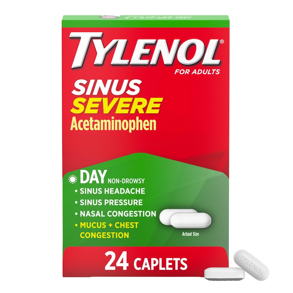 Tylenol Sinus Severe Daytime Caplets, Non-Drowsy, Pain Reliever, Pressure and Nasal Congestion Relief, Fever Reducer, Expectorant, Acetaminophen, Guaifenesin, Phenylephrine HCL, 24 Count