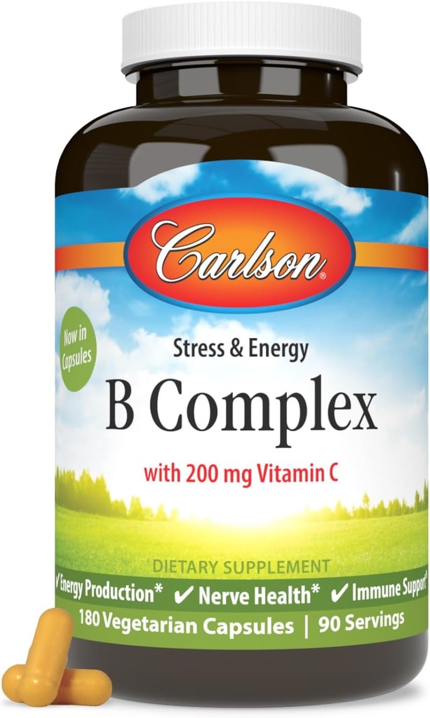 Carlson - B Complex Balanced B Vitamin med C-vitamin - Stress, Energi & immunvitamin B Complex for kvinder & mænd - 180 Vegetariske kapsler