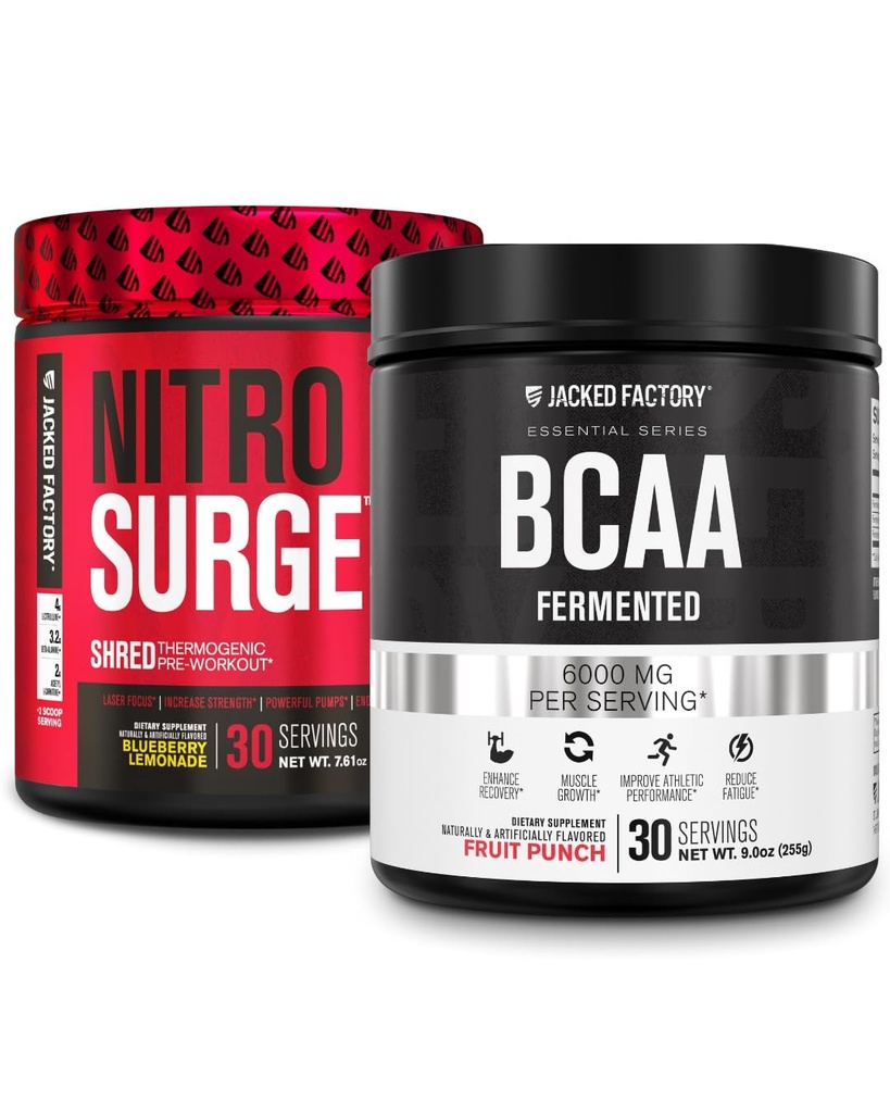 Jacked Factory Nitrovolume Shred Thermogen Pre- Workout i Blueberry Lemonade & BCAA i Fruit Punch for Body Recomposition, Muscle Building og Inddrivelse