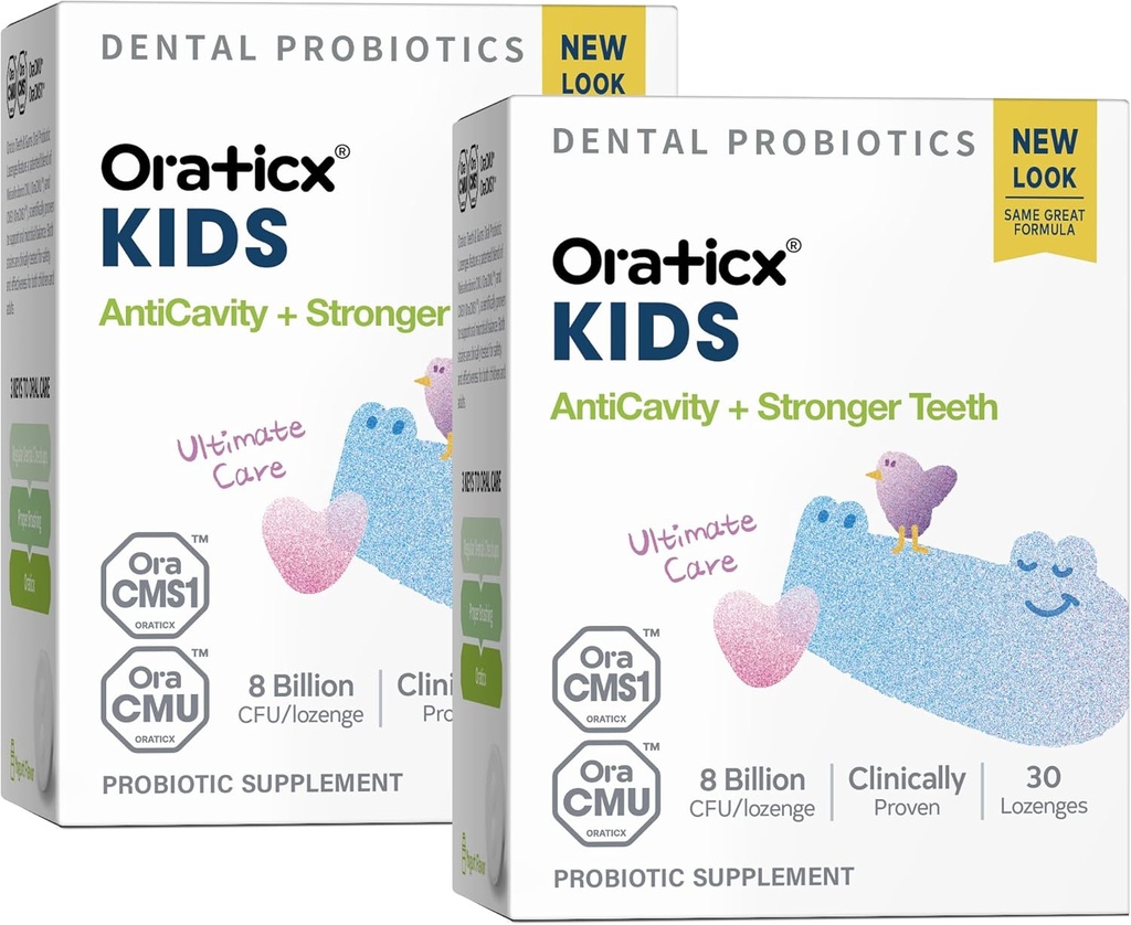 OraTicx Kids Tandprobiotika til Anti- Cavity + sunde tænder og tandkød, 8 milliarder CFU Probiotika til oral sundhed, Yoghurt Flavor 2-Pack