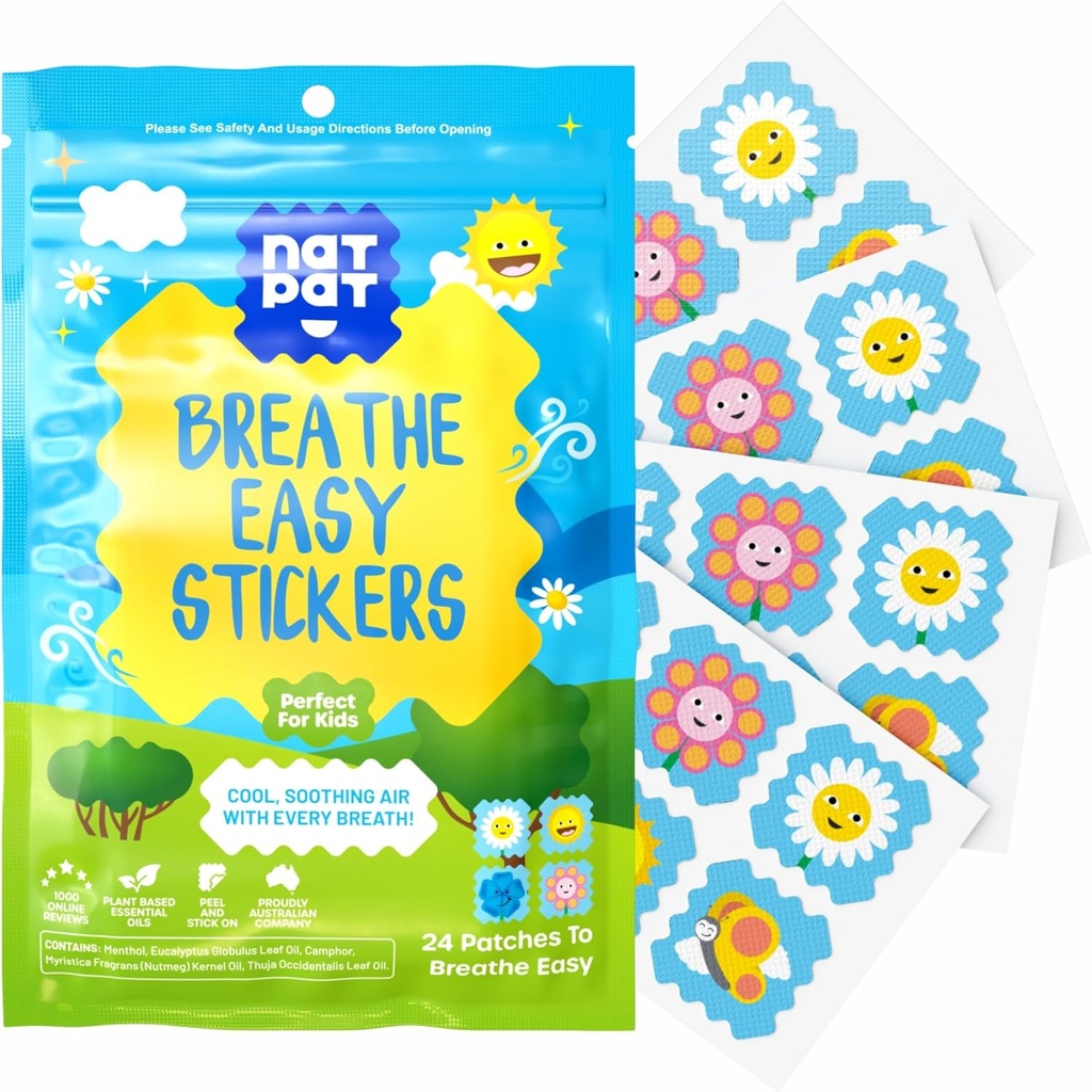 NATPAT Breathe Easy Stickers - Stuffy Patch for Kids and Adults - All-Natural Cold and Allergy Relief for Congestion, Chemical and Drug Free - BuzzPatch Natural Patch (24 Pack)