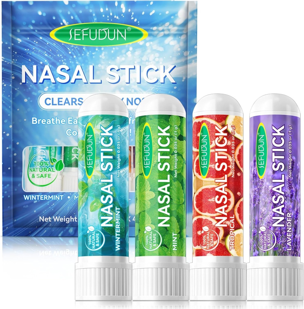 4PCS Nasal Stick, Nasal Inhaler Stick, Inhaler Nasal Stick til Sinus Relief & Vertigo Relief, Aromaterapi Inhaler lavet med essentielle olier + menthol (Mint, Wintermint, Tropisk, Lavendel)