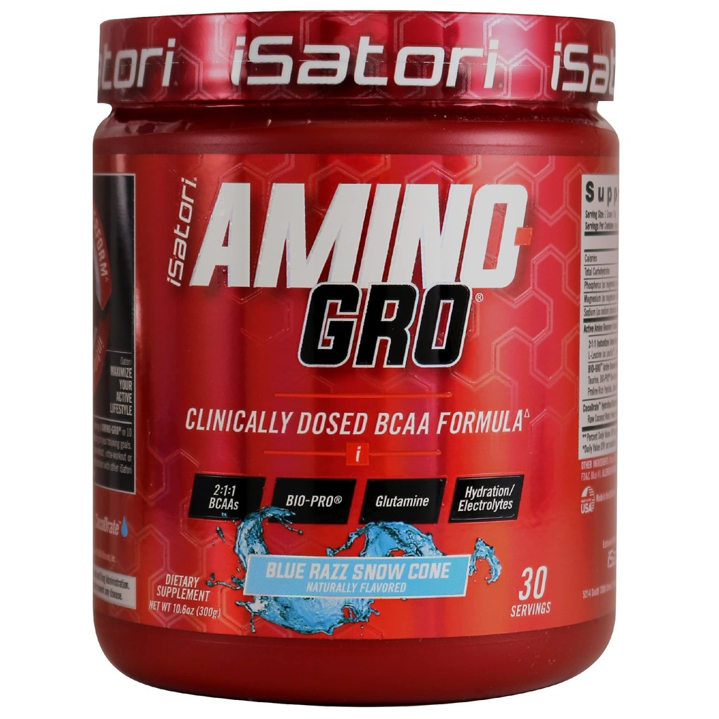 iSatori Amino-GRO BCAA pulver, forgrenet kæde Aminosyrer med glutamin, Electrolyte Powder & Bio- GRO Bio- Aktive Peptider til muskelvækst & Post Workout Inddrivelse, Blue Razz Snow Cone (30 Servere)