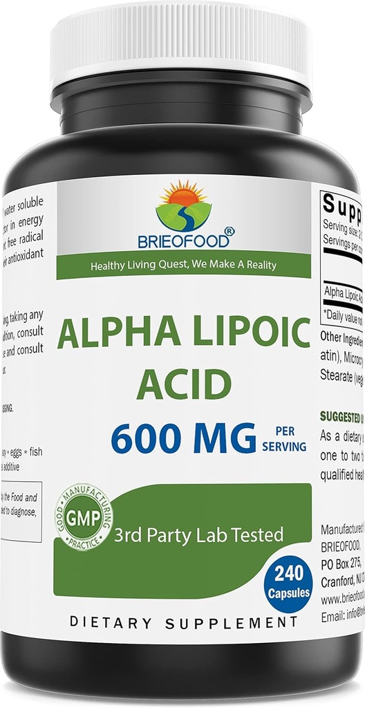 Brieofood Alpha lipoinsyre 600 mg per servering - 240 kapsler - non-GMO, gluten fri