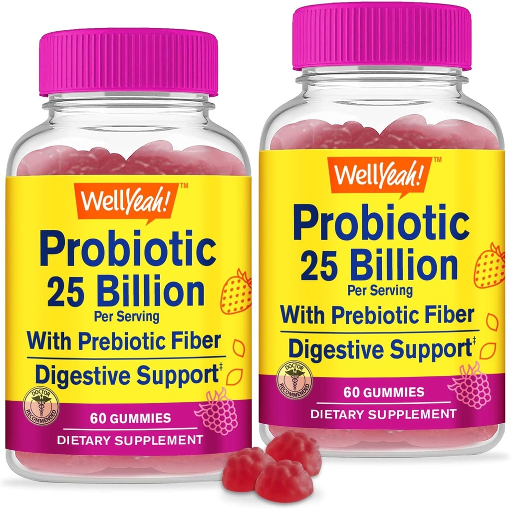 WellYe (2 Pack 25 Millioner Probiotika + Prebiotika til mænd og kvinder Gummies - fordøjelsesstøtte, Gut Health, immunsupport Gummy - Probiotika til fordøjelsessundhed med 12 Stains - 60 Gummies