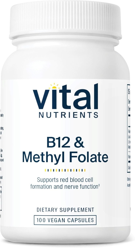 Vital Nutrients Vitamin B12 & Methyl Folate Mezzogiorno 124; Vegansk Methylerede Folat & B12 Supplement Mezzogiorno 124; 5- MTHF Plus B12 Understøtter nervesystemet & Metabolisme * Gluten, Dairy, Soy Free Mezzogiorno 124; 100 Kapsler