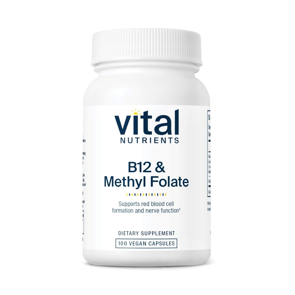 Vital Nutrients Vitamin B12 & Methyl Folate Mezzogiorno 124; Vegansk Methylerede Folat & B12 Supplement Mezzogiorno 124; 5- MTHF Plus B12 Understøtter nervesystemet & Metabolisme * Gluten, Dairy, Soy Free Mezzogiorno 124; 100 Kapsler
