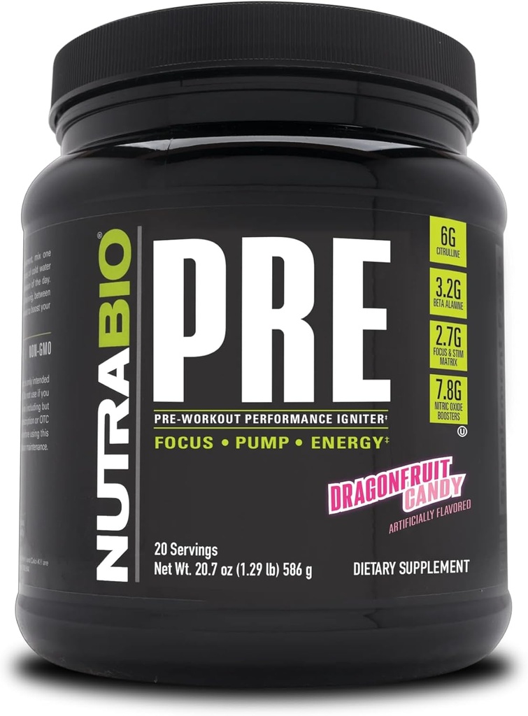 NutraBio Pre Workout Powder - Gamle formler - Vedvarende energi, Mental Focus, Endurance - Beta Alanine, Kreatin, Koffein, Elektrolyter - 20 Servere - Dragonfrugt Candy