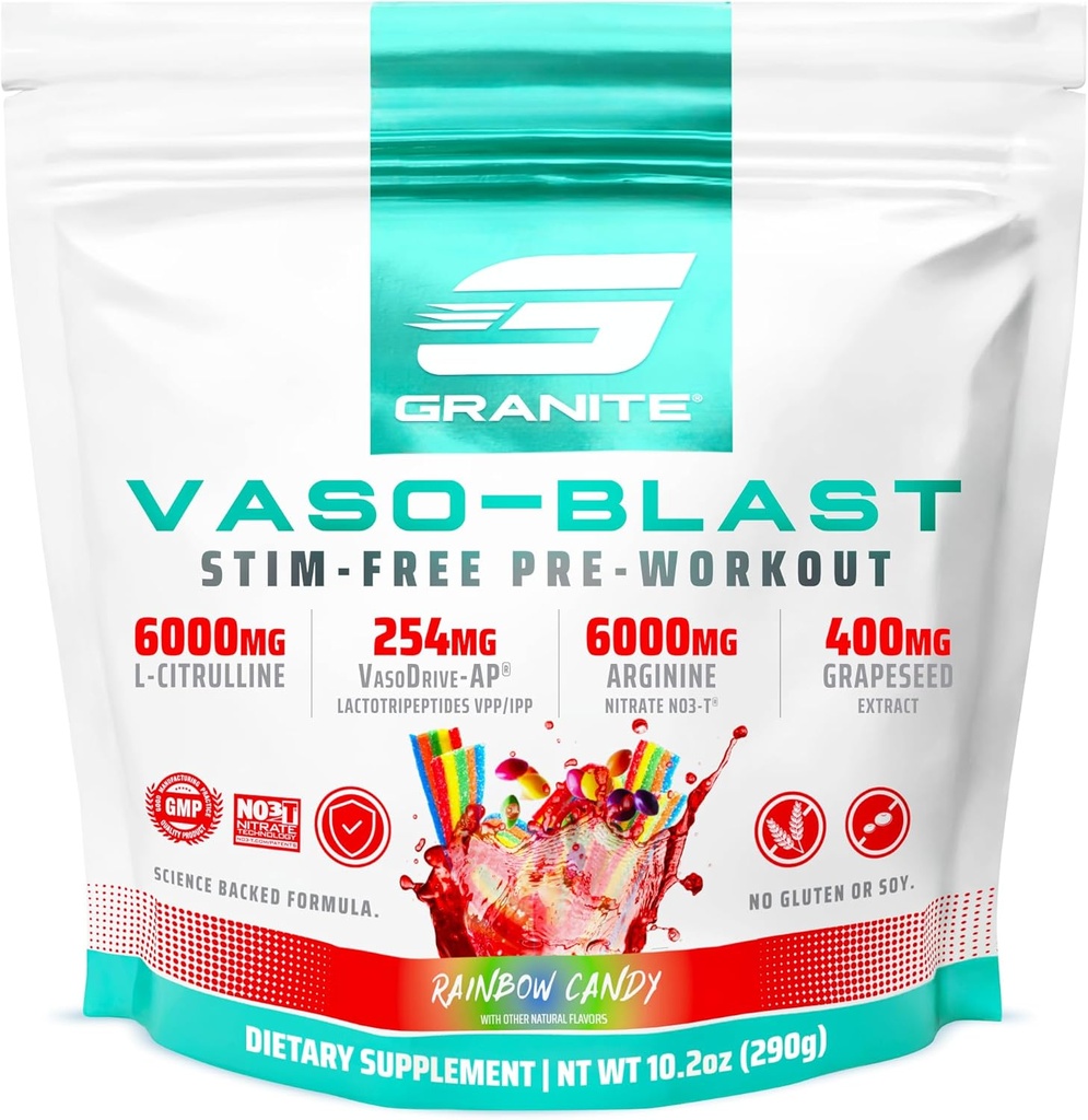 Granit Kosttilskud Vaso Blast, Rainbow Candy Flavor, Stimulant- Free Pre Workout for Mænd & Kvinder med Grapeed Extract, Arginin Nitrit, & VasoDrive- AP for Max Pump (20 Servere)
