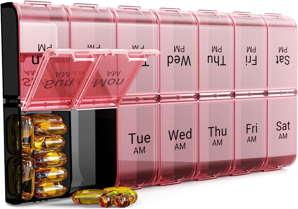 COLORWING AM PM Extra Large Pill Organizer, XL 7 Dag Pill Organizer 2 gange om dagen, Ugentlig Daglig Pill Case, Dag Nat Overdimensioneret Medicin Box, Vitamin Holder, Big Pill Container (Pink)