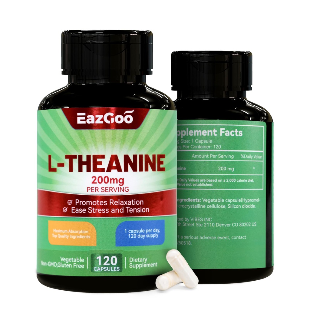 L- Theanine 200mg, Aminosyre supplement til støtte relaksering, stress, L Theanine kapsler - Non-GMO, Gluten Free, 240 Veg kapsler