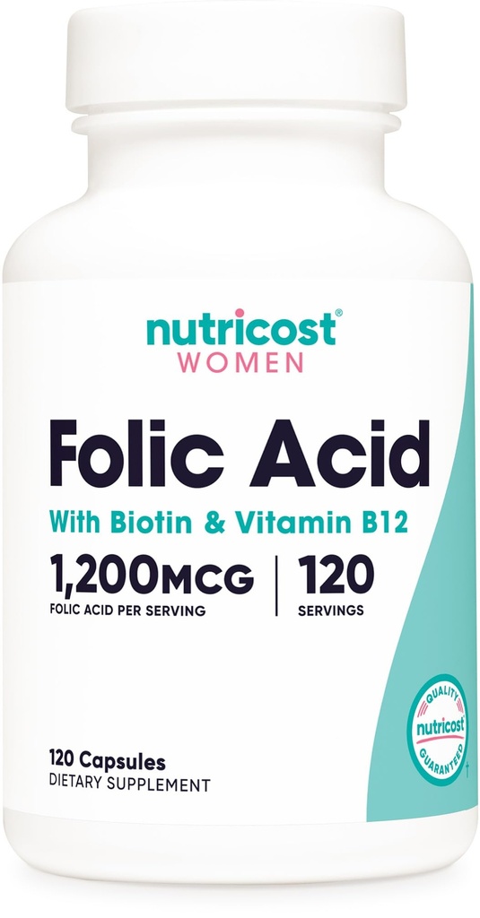Nutricost folinsyre til kvinder (vitamin B9) 1200 mcg, 120 kapsler, med B12 og biotin, Veggie Caps, Non- GMO & Gluten Free
