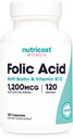 Nutricost folinsyre til kvinder (vitamin B9) 1200 mcg, 120 kapsler, med B12 og biotin, Veggie Caps, Non- GMO & Gluten Free