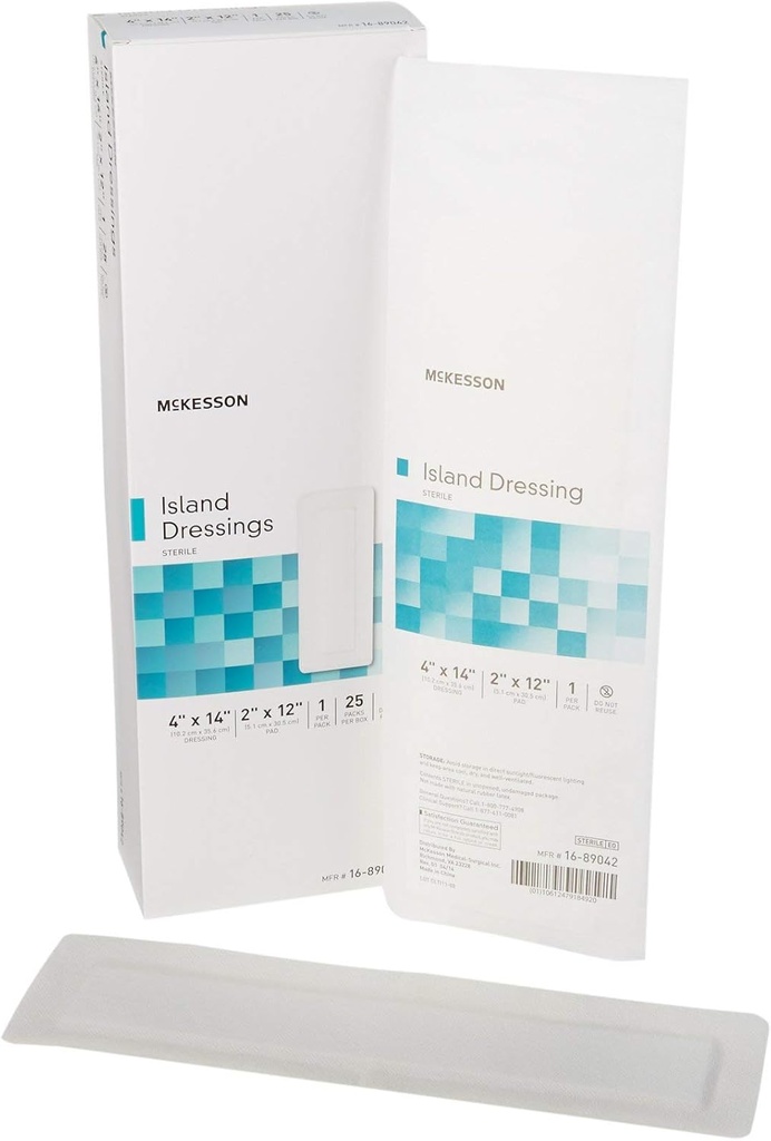 McKesson Island Dressings, Steril, Dimension 4 i x 14 i, Pad 2 i x 12 i, 25 Greve, 4 pakker, 100 i alt