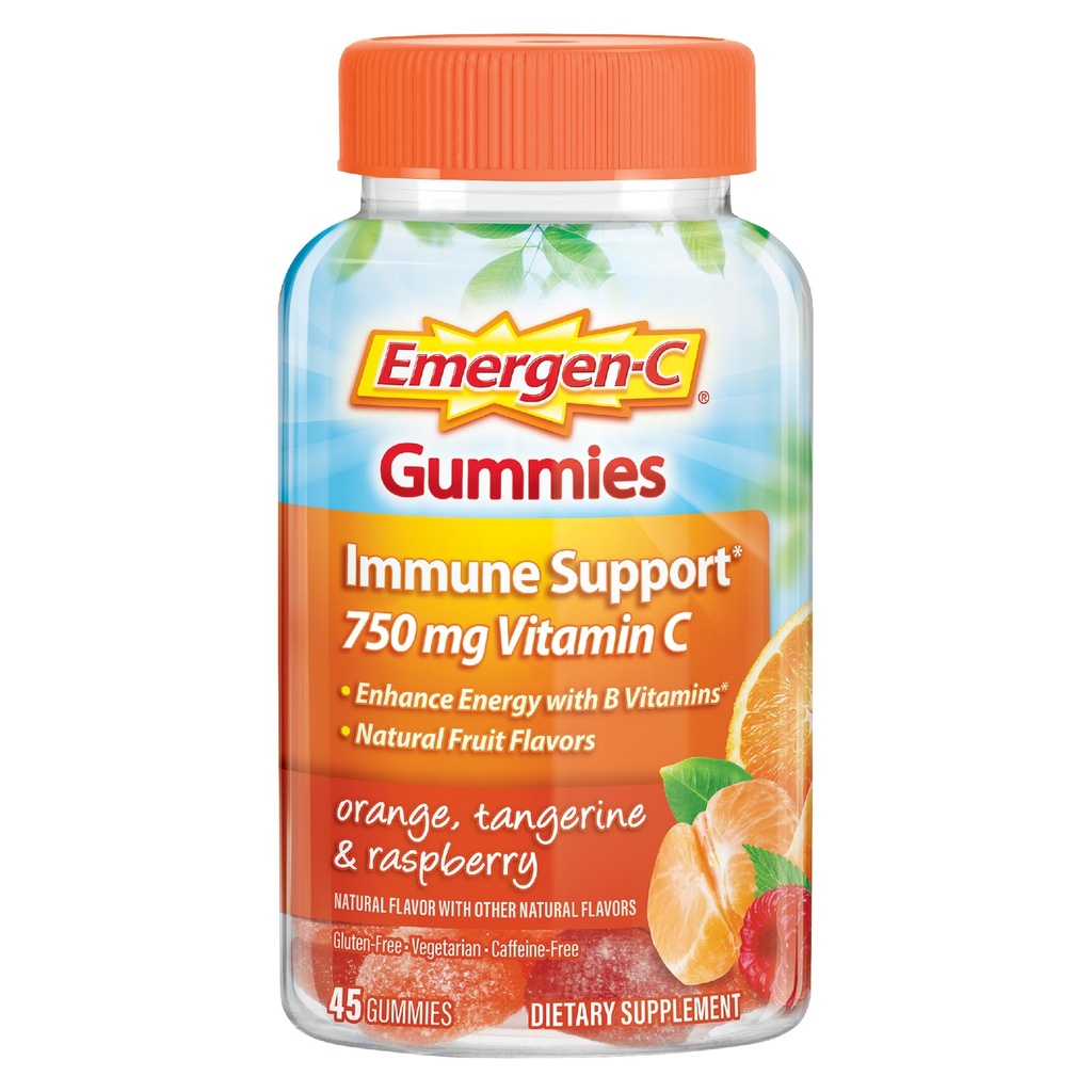 Emergen- C 750mg C-vitamin Gummies for voksne, Immunity Gummies with B Vitaminer, Gluten Free, Orange, Tangerine og Raspberry Flavors - 45 Greve