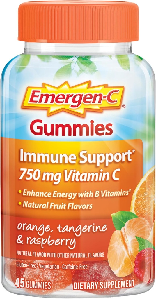 Emergen- C 750mg C-vitamin Gummies for voksne, Immunity Gummies with B Vitaminer, Gluten Free, Orange, Tangerine og Raspberry Flavors - 45 Greve