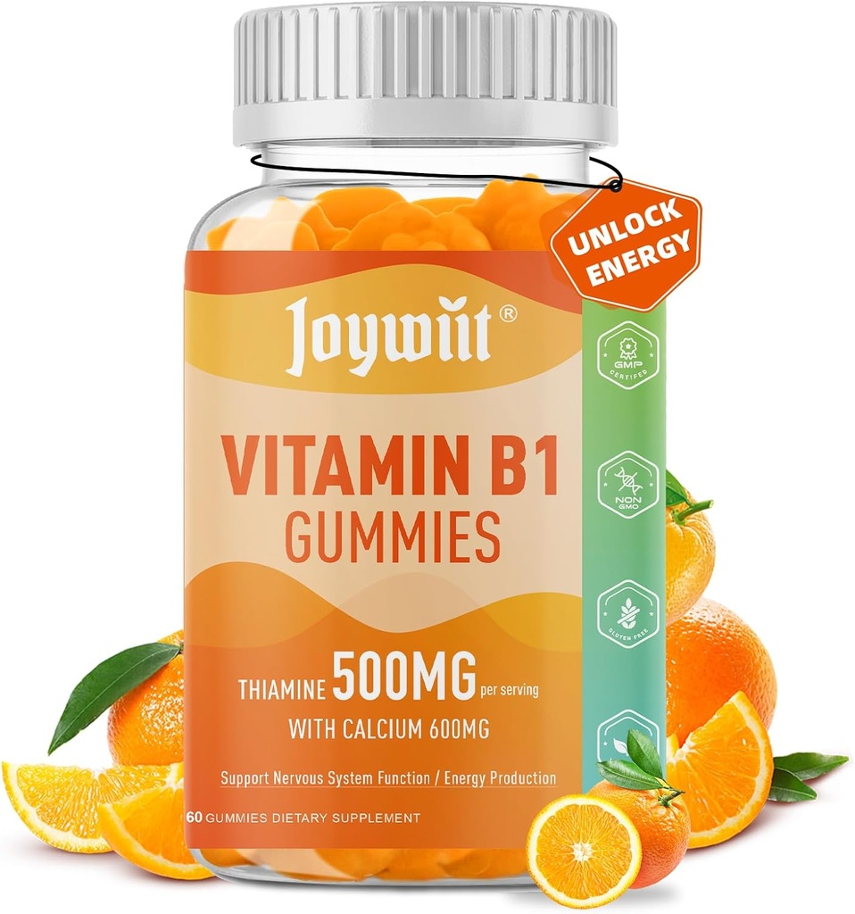 Vitamin B1 Gummies 500mg, Chewable Thiamin B1 supplement til voksne, med 600 mg Calciumcitrat, Support Nervesystemet, Vegan, Natural Orange Flavor