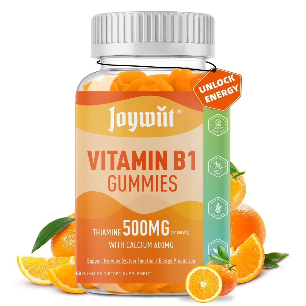 Vitamin B1 Gummies 500mg, Chewable Thiamin B1 supplement til voksne, med 600 mg Calciumcitrat, Support Nervesystemet, Vegan, Natural Orange Flavor