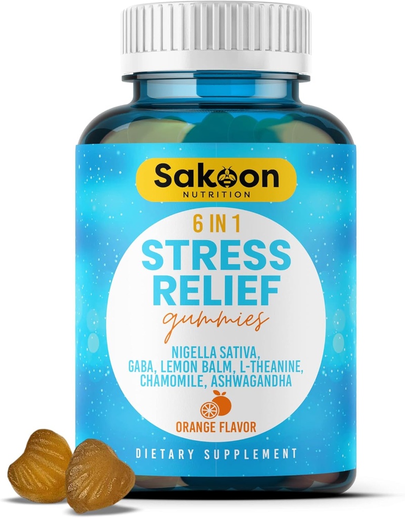 6-in-1 Stress Relief Gummies 60ct - Aids Afslapning med Ashwagandha, GABA, L-theanine, Lemon Balm, Kamille, Black Cumin Seed Nigella Sativa. Forbedret dyb søvn, fælles støtte - 60 gummies