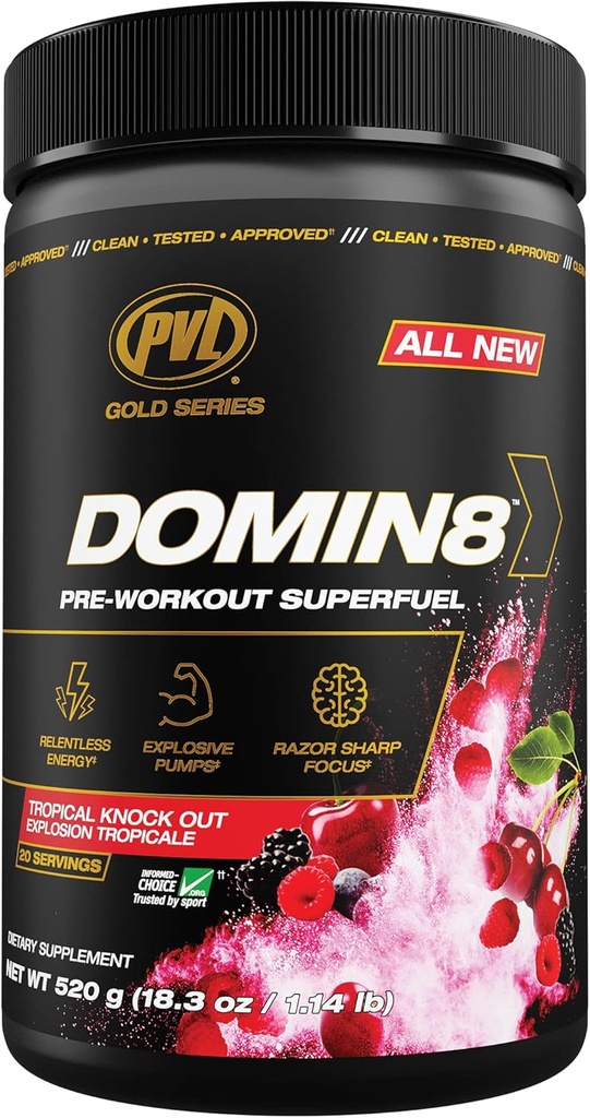 PVL Gold Series Domin8 Yep 124; Pre- workout Superfuel - fuld dosis Preworkout - 520 g - Tropical Knock Out
