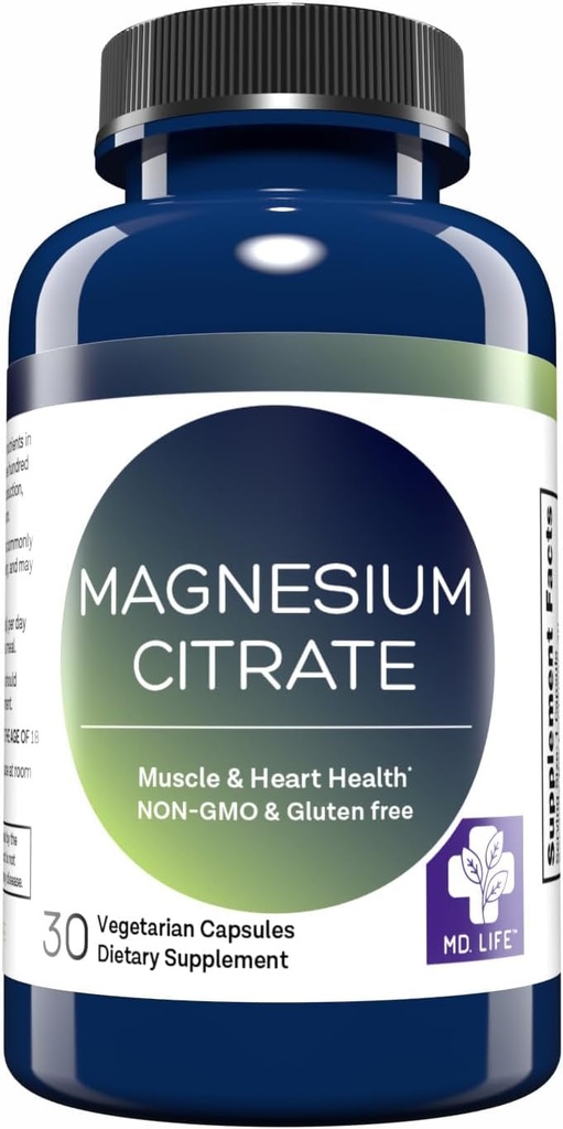 MD. Life Magnesium Citrate 250 mg - 30 Kapsler - Høj Absorption Magnesium Citrate Supplement - Easy- to- Swallow Kapsler til muskel, nerve, hjerte, søvn og ben Support