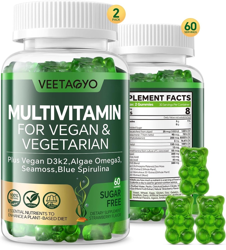 Vitamin D3 + K2- 1000IE D3 90mcg K2 - Multivitamin til vegetar & voksne w / Alger Omega-3, Jern, Methyl B12, Seamoss, Jod for for ben, Muskel, Energi, Immunitet Support - Sugar Free, Gluten- Free, 120 Tæl