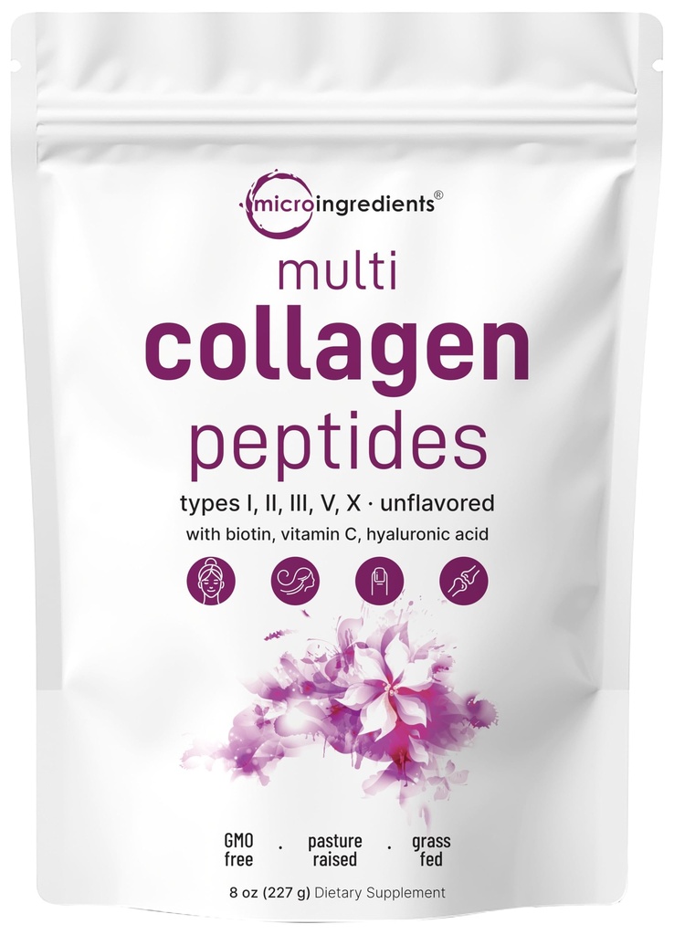 Mikroingredienser Multi Collagen Peptider Pulver, 8oz Beeg 124; Type I, II, III, V, X + Biotin, C-vitamin & hyaluronsyre Budd124; Unflavored Budding 124; Understøtter hår, hud & fælles sundhed