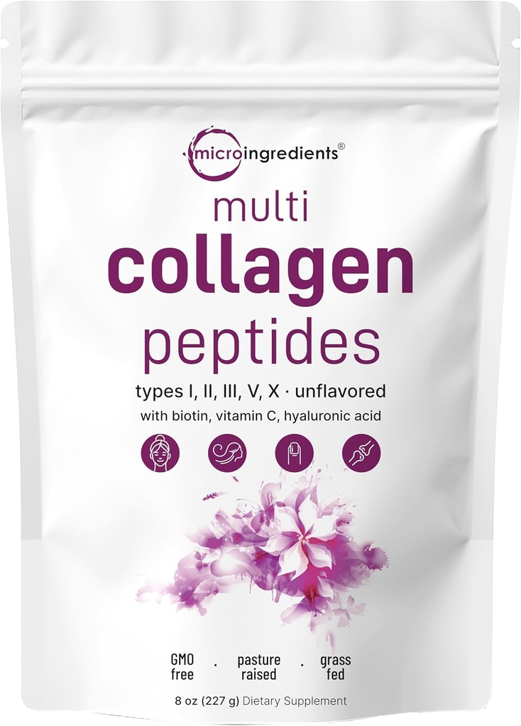 Mikroingredienser Multi Collagen Peptider Pulver, 8oz Beeg 124; Type I, II, III, V, X + Biotin, C-vitamin & hyaluronsyre Budd124; Unflavored Budding 124; Understøtter hår, hud & fælles sundhed