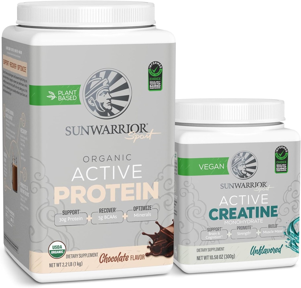 Sunwarrior Creatinin Powder & Vanilla Active Organic Protein Powder Set Buddy 124; Bundle & Save Buddy 124; Vegan Protein Plus Unflavored Creatinine Monohydrat (60 Serveringer Unflavored, 20 Serveringer Chokolade)